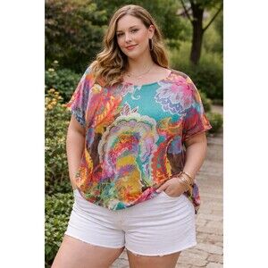 Lauren Ralph Lauren Top 2XL Multicolor Paisley Linen Shirt Artsy Boho Resort
